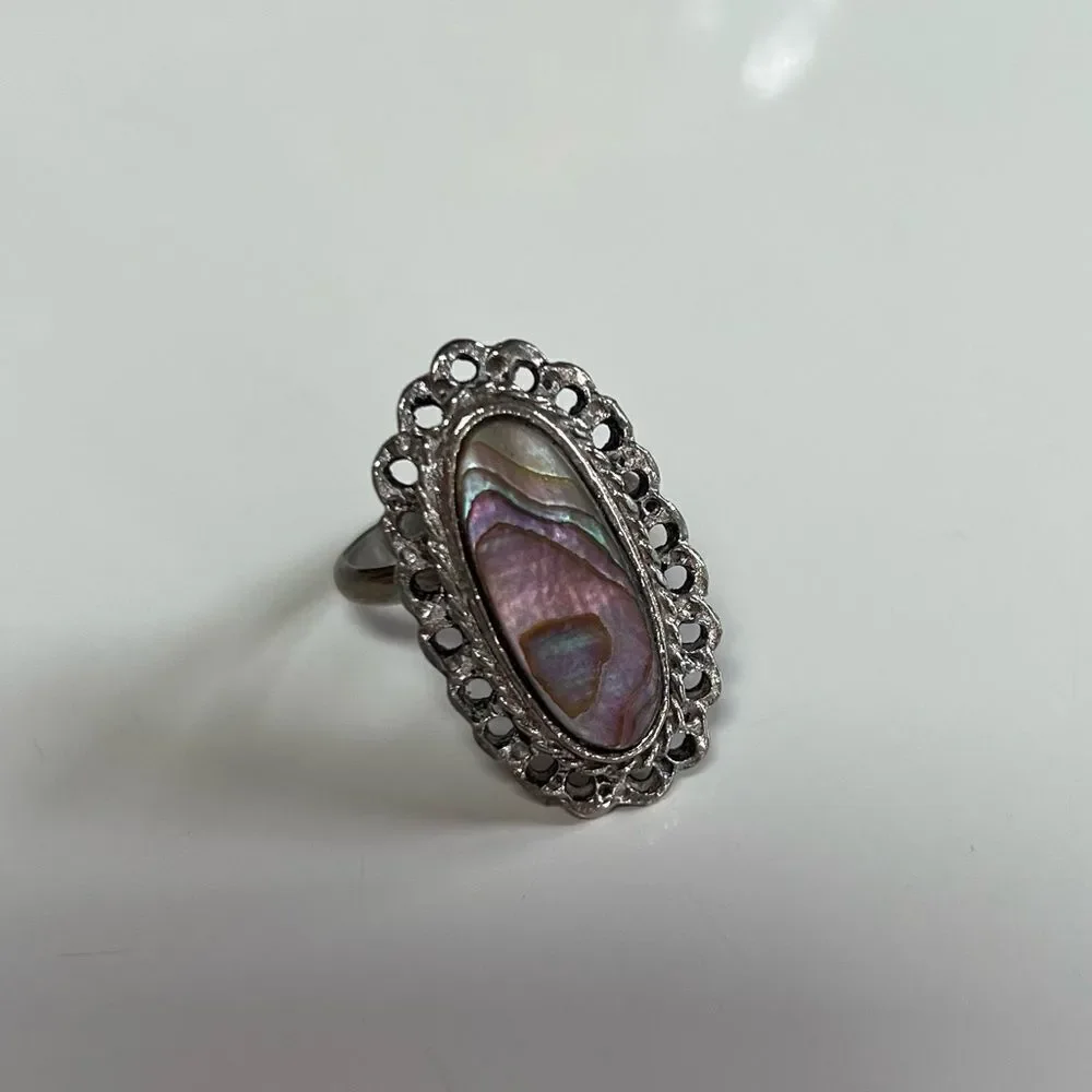 Vintage Silver Mexican Navajo Iridescent Abalone Moonstone Filigree Oval Ring